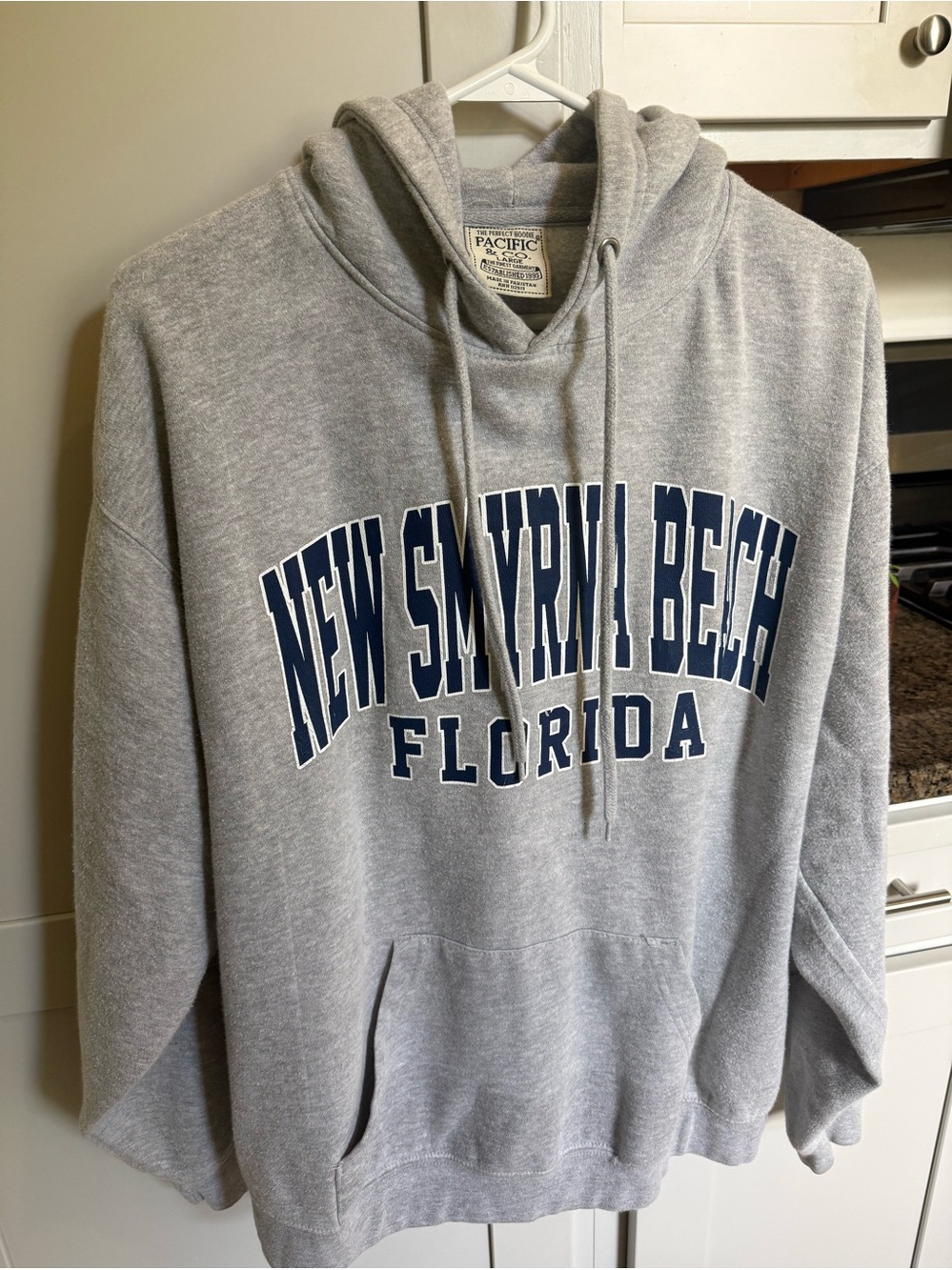 Pacifica Grey Hoodie with Navy "New Smyrna Beach Florida" Chest Print